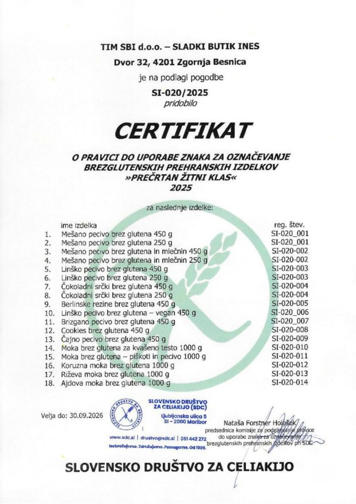 Certifikat - Sladki butik Ines